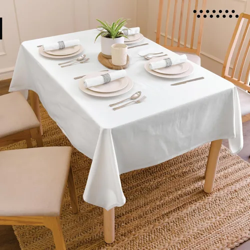 Vista 2 de Encasa XO Mantel rectangular de lona de algodón de 56 x 120 pulgadas, lavable a máquina, mantel blanco para comedor en interiores y exteriores