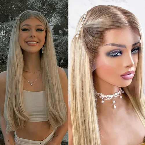 Vista 9 de Lovestory Peluca de encaje frontal larga y recta color blanco platino, predepilada, rubio platino, pelucas de encaje frontal sintético para mujeres