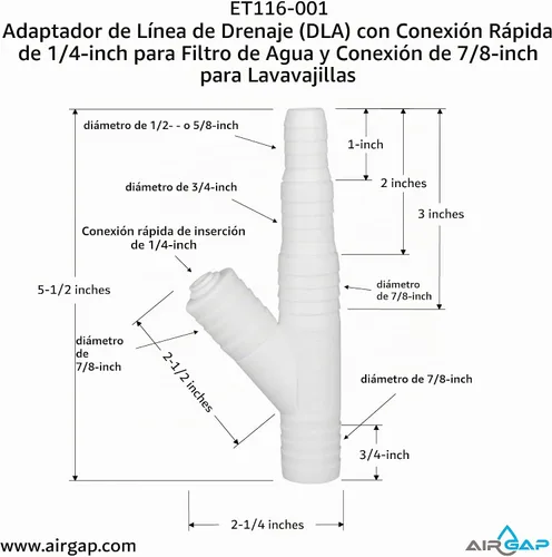 Vista 3 de Adaptador de línea de drenaje (DLA) con ajuste de conexión rápida de 1/4 pulgadas para un filtro de agua y ajuste de 7/8 pulgadas para un