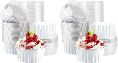 Vista 16 de EUSOAR Tazas de aluminio para hornear, paquete de 30 tazas de 5 onzas para cupcakes con tapas, moldes de pastel de 4.2 fl oz, flanes de postres