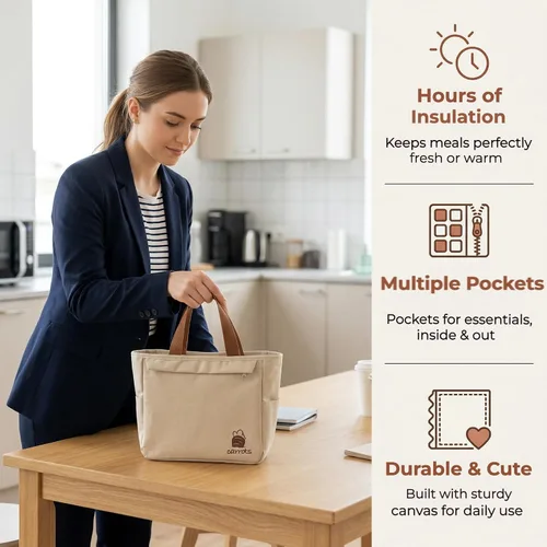 Vista 2 de Bonita bolsa de almuerzo aislada, bolsas Bento personalizadas y coloridas para mujeres, bolsas refrigerantes pequeñas kawaii para almuerzo, tela