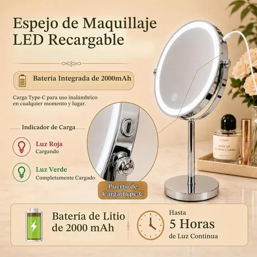 Vista 5 de Ysenchan Espejo de maquillaje iluminado, espejo de aumento LED recargable de 8 pulgadas, espejo de manipulación 5X de doble cara con soporte