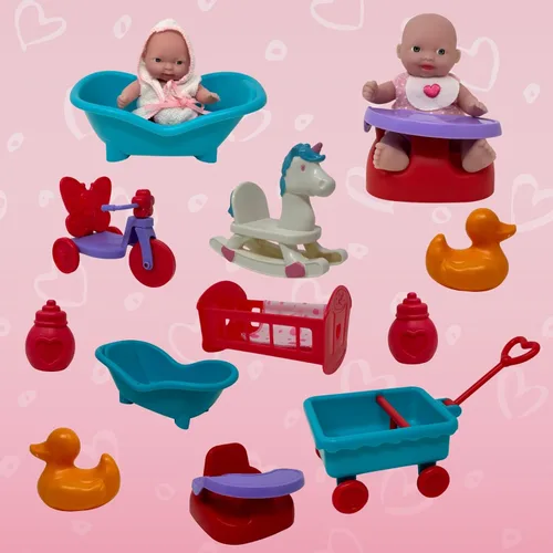 Vista 6 de Mini juego de muñecas de bebé, juego de muñecas pequeñas con accesorios para muñecas pequeñas y muebles de muñeca de 5 pulgadas, mini muñecas