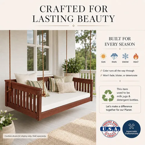 Vista 7 de Amish Twin Poly Lumber Wood Hanging Daybed, Antique Mahogany, USA Made Deep Seating Mission Collection HDPE Poly Lumber Twin Daybed with Rope