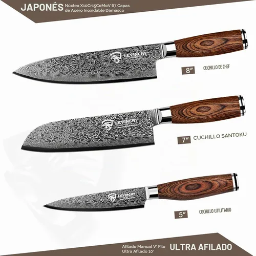 Vista 3 de Juego de cuchillos de cocina de damasco de 3 piezas, para chef Santoku, Pakkawood