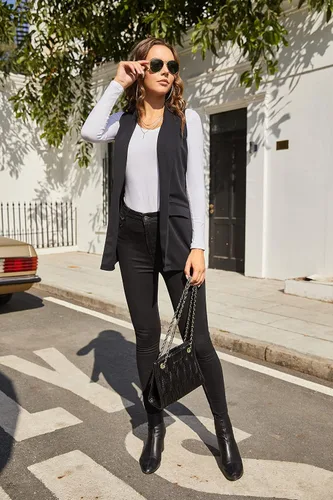 Vista 6 de HOTLOOX Chaleco sin mangas para mujer, cárdigan largo, casual, frente abierto, gabardina con bolsillos, talla XXL