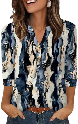 Vista 29 de OFEEFAN - Camisetas de manga 3/4 estilo Henley para mujer, blusas de moda de otoño 2025, atuendos escolares para maestras Raya