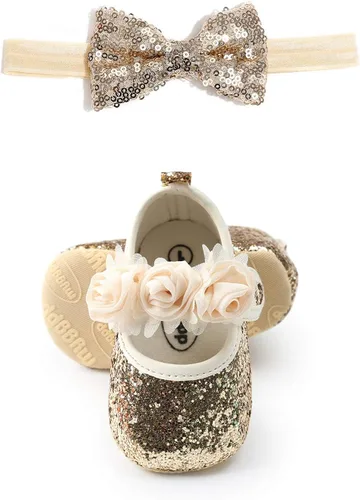 Vista 3 de Mary Jane - Zapatos planos con diadema con lazo, vestido de princesa floral para bebés, zapatos de cuna con suela suave, antideslizantes para niños