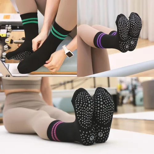 Vista 3 de Toes Home Calcetines de pilates para mujer con agarres antideslizantes, calcetines de yoga para barre hospital, calcetines pegajosos, 4 pares