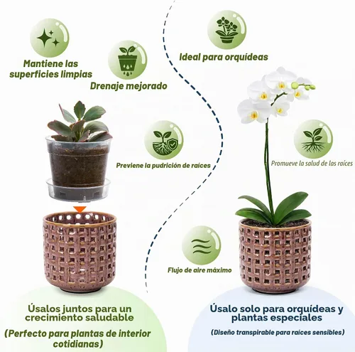 Vista 4 de D'vine Dev Maceta de cerámica para orquídeas de 4.5 pulgadas con diseño de recorte de celosía, maceta esmaltada con maceta transparente y platillo