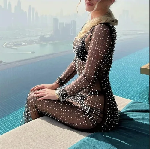 Vista 5 de Willow Dance Vestido de playa de malla transparente con diamantes de imitación y perlas para mujer, traje de baño