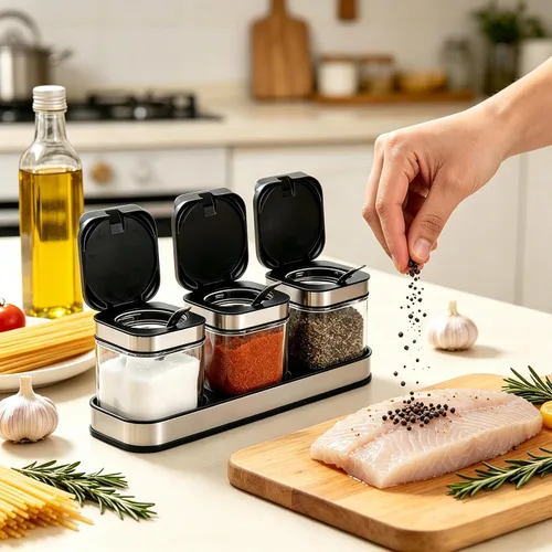 Vista 8 de DEAYOU Paquete de 3 cajas de condimentos de vidrio con bandeja, recipiente transparente para condimentos con tapa de acero inoxidable 18/10