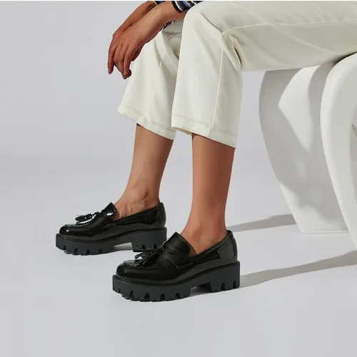 Vista 3 de Mocasines de tacón grueso con borla y plataforma para mujer, zapatos de vestir uniformes