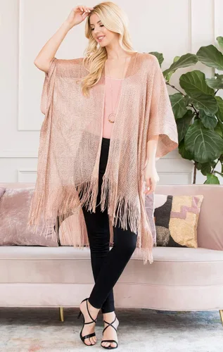 Vista 2 de Poncho de lentejuelas bohemio con purpurina - Kimono Cardigan, bufanda de malla metálica brillante, capa de crochet de punto abierto