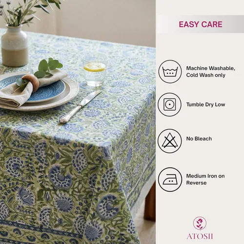 Vista 5 de ATOSII Mantel 100% algodón, Amara, floral, hecho a mano, rectangular, de lino, para cocina, comedor, fiestas, bodas, exteriores, picnics, Pascua