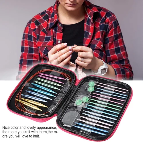 Vista 4 de Kit de agujas de tejer de aluminio, 13 pares de agujas de tejer circulares intercambiables con asas ergonómicas, agujas de ganchillo con estuche