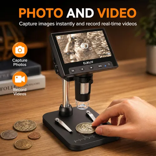 Vista 3 de Elikliv Microscopio para monedas, microscopio digital LCD de 4.3 pulgadas, 1000x, lupa de monedas con 8 luces LED ajustables, vista de PC compatible