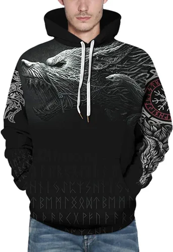 Vista 3 de Rainbow Town Sudaderas con capucha unisex con patrón de tatuaje vikingo con bolsillo grande Odin&Asgard Totem Streetwear para hombre