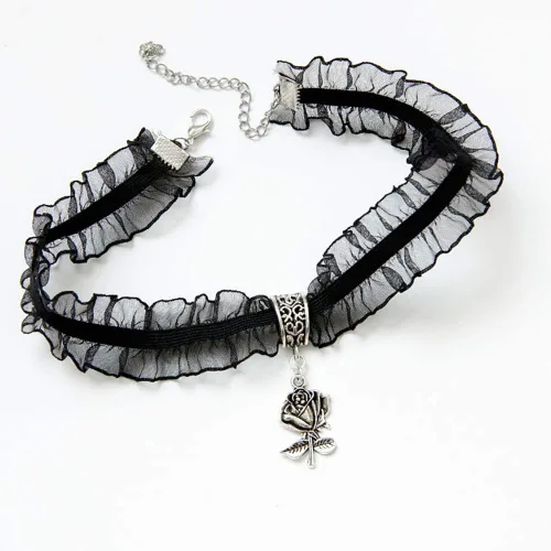 Vista 4 de DoubleNine Gargantilla de encaje negro retro gótico rosa colgante punk vintage Lolita 90s collar hecho a mano victoriana accesorios de boda