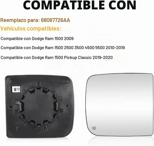 Vista 6 de Espejo de remolque superior derecho del pasajero con calefacción para Dodge Ram 1500 2009-2019, para Dodge Ram 1500 Classic 2019-2020, para Dodge
