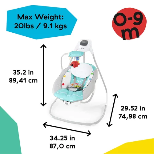 Vista 4 de Baby Einstein Ocean Explorers Musical Compact, columpio ligero para bebé, 6 velocidades multidirección, vibraciones, música, sonidos, 0-9 meses, Gris