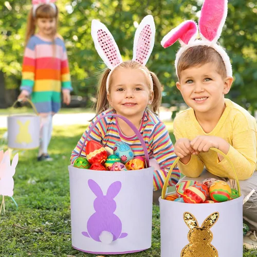 Vista 2 de Saintrygo 6 bolsas de cesta de conejo de Pascua para niños, cesta de caza de huevos de Pascua con asa, bolsas de regalo, cubo de transporte, Bright