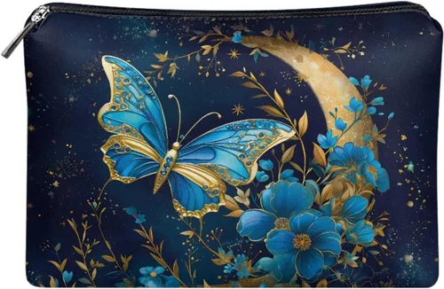 Vista 11 de Flashideas Bolsa de maquillaje portátil de cuero impermeable bolsa de cosméticos embrague maquillaje cepillo bolsa, Estampado De Mármol Azul 1