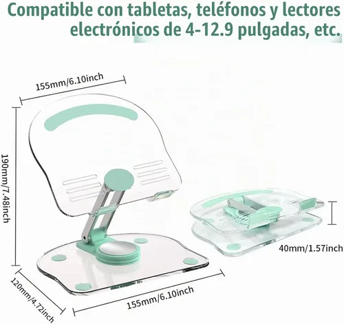 Vista 2 de Soporte acrílico para tablet con base giratoria de 360°, soporte plegable ajustable transparente para escritorio, oficina en casa, compatible