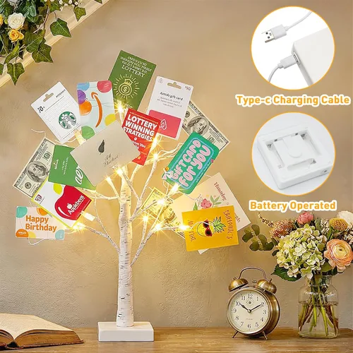 Vista 2 de EAMBRITE Soporte para Regalo de Árbol de Dinero, Árbol de Abedul Iluminado de 2 Pies 24LED, Temporizador Alimentado por Batería/USB, Pantalla