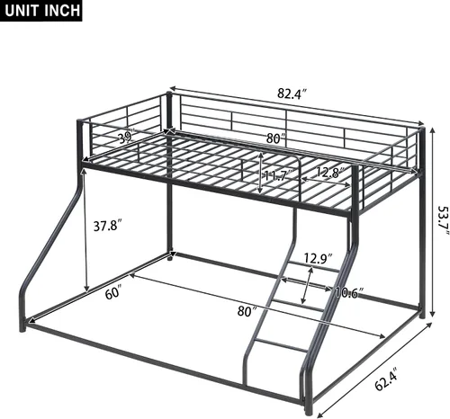 Vista 2 de PURLOVE Litera de metal individual XL sobre Queen para niños, litera baja con escalera, no necesita somier, color negro plateado