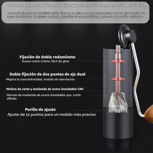 Vista 5 de Molinillo de café manual con sistema de doble rodamiento, molinillo de café manual de capacidad de 0.88 oz, molinillo de café manual de acero