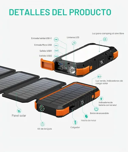 Vista 8 de BLAVOR Cargador solar, PD 18 W, carga rápida, 20000 mAh, con 4 paneles plegables, cargador USB C portátil con linterna de campamento, mosquetón