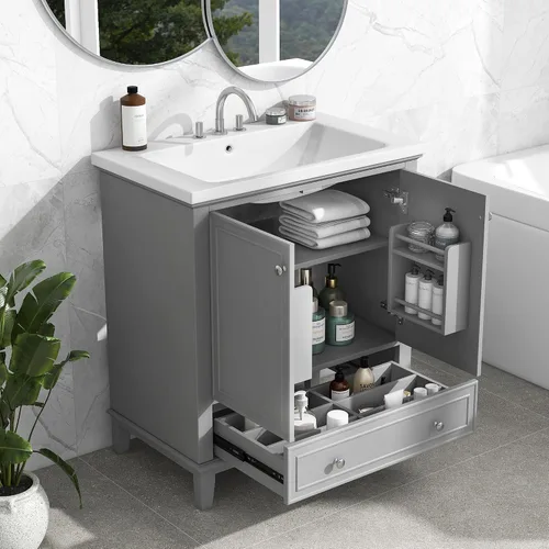Vista 10 de Harper & Bright Designs Tocador de baño de 24 pulgadas con lavabo, tocador de lavabo individual independiente con una puerta y 3 cajones de cierre