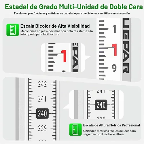 Vista 3 de Huepar Varilla de aluminio de 9 pies de grado -10th 4 secciones telescópicas con nivel de burbuja - Bolsa de transporte suave impermeable incluida