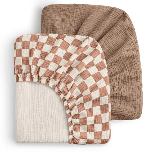 Vista 22 de Blissful Diary Muslin Crib Sheets, 2 Pack, Beige Gingham & Brown Gingham fitted for 52''x28'' crib mattress, soft and breathable cotton, boho