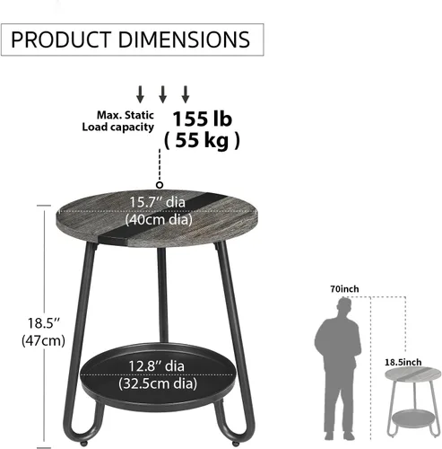 Vista 3 de Mesa de centro de 2 niveles para sala de estar, mesa de centro redonda de estilo industrial con bandeja de metal, mesa de centro pequeña de madera