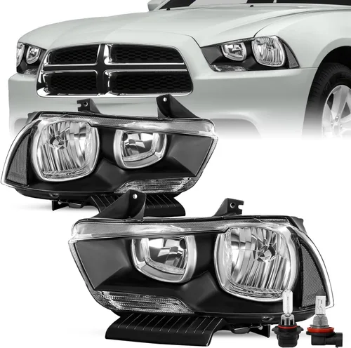 Vista 6 de SOCKIR Juego de montaje de faros delanteros compatible con Dodge Charger 2011 2012 2013 2014 Faro halógeno de repuesto negro con reflector ámbar