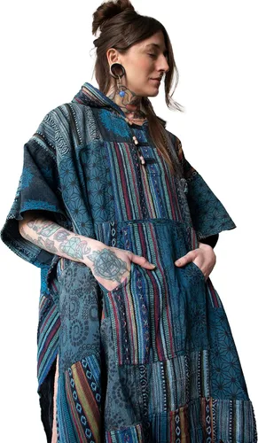 Vista 5 de manakamana Poncho de retazos con bolsillo grande, 100% algodón pesado, poncho mexicano Baja con capucha para hombre