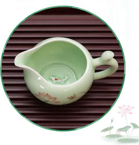 Vista 6 de DELIFUR Celadon Juego de té de porcelana hecho a mano con tema de loto, tetera de porcelana cubierta taza de té Gongdao taza de China