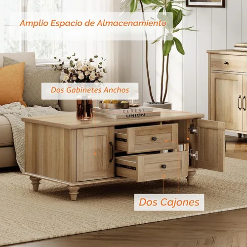 Vista 6 de WAMPAT - Mesa de café de granja con gabinete de almacenamiento, mesas de café de madera para la sala de estar, mesa de té rústica rectangular