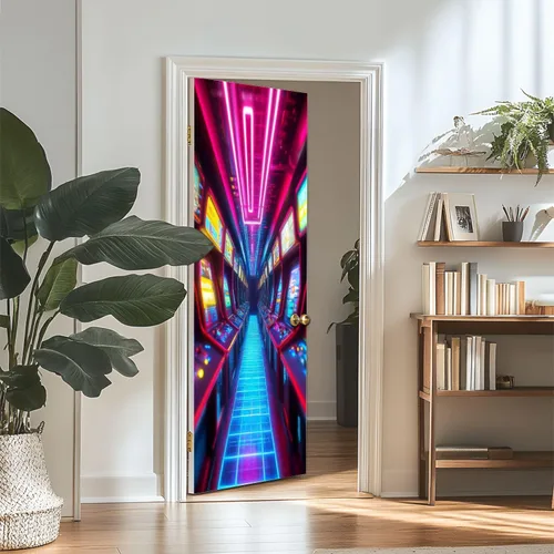 Vista 3 de Calcomanías para puerta, murales 3D, neón, retro, arcade, 80, máquinas de arcade, luces de neón, diseño retro, murales, papel tapiz autoadhesivo