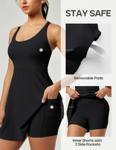 Vista 5 de Heathyoga Vestidos de tenis para mujer, vestido atlético con pantalones cortos debajo, vestido de entrenamiento con bolsillos, trajes de golf