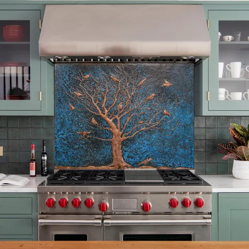 Vista 5 de Kitchen Backsplash, Birds on a Dead Tree Copper Backsplash, Custom Copper Backsplash Panel, Handmade Copper Backsplash Tile, Indoor Outdoor Wall Blue