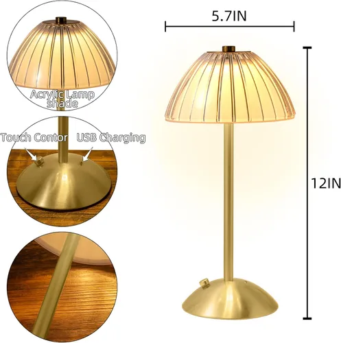 Vista 3 de Lámpara de mesa LED portátil con batería con sensor táctil, lámpara recargable de latón inalámbrico dorado, luz de noche, mesa de restaurante
