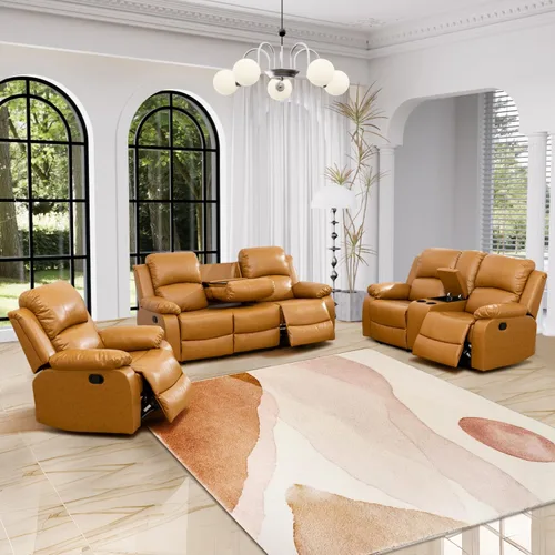 Vista 54 de Juego de muebles de sala de estar, juego de sofá reclinable de cuero, sofá reclinable y sofá biplaza, juego de sofá de cuero beige, juego de muebles