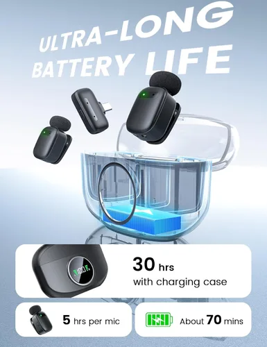 Vista 3 de Mini micrófono de solapa inalámbrico para iPhone y Android, micrófonos de clip dual con funda de carga de 30 horas, cancelación de ruido