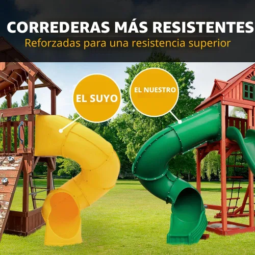 Vista 9 de Gorilla Playsets 01-0031-AP Juego de columpios de madera Great Skye II con techo de madera, 3 toboganes y pared de roca, color marrón
