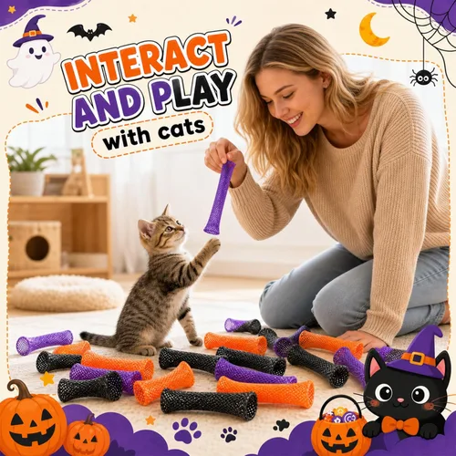 Vista 5 de Leitee 60 Pcs Cat Spring Toys Kitten Tubes,Black, Orange, and Purple Chinese Finger Trap Cat Toy For Indoor Cats, Mesh Tubes Plastic Coil For Pet