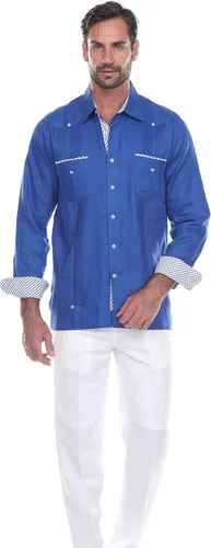 Vista 3 de Mojito Men's 100% Linen Guayabera Shirt Long Sleeve Print Trim Accent