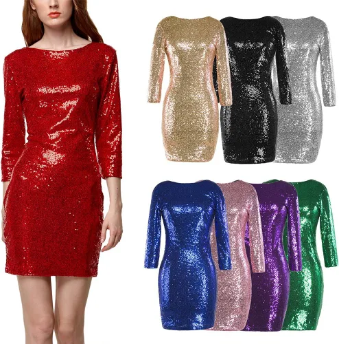 Vista 6 de Vestido de fiesta para mujer, manga 34, cuello en V, lentejuelas, brillante, glamuroso, vestido de fiesta, cóctel, con purpurina, entallado, boda